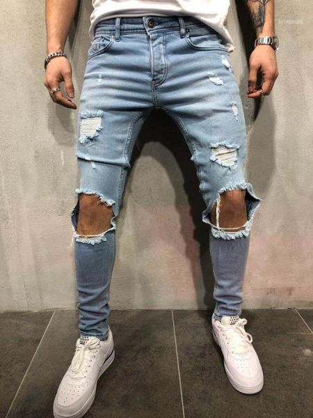 

men's jeans mens ripped holes straight slim elastic denim skinny jean black blue male long trousers pants11