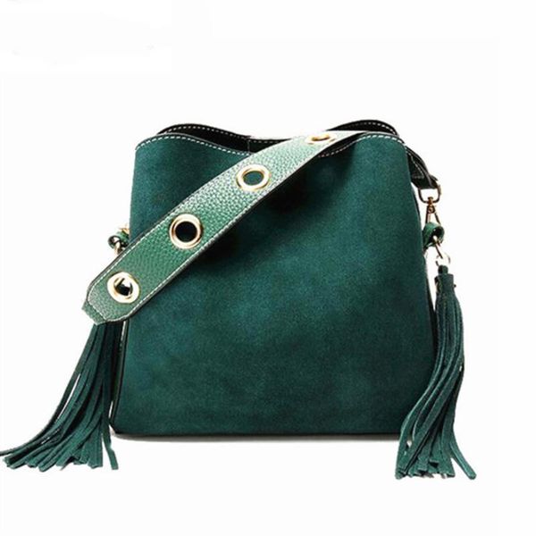 

2020 vintage fashion women fringe bucket shoulder bag suede messenger crossbody bag female bucket rivet tassel