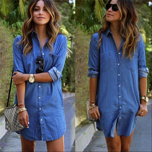 

fashion causal womens blue jeans denim t shirt long sleeve casual loose shirt mini dress drop shipping, Black;gray
