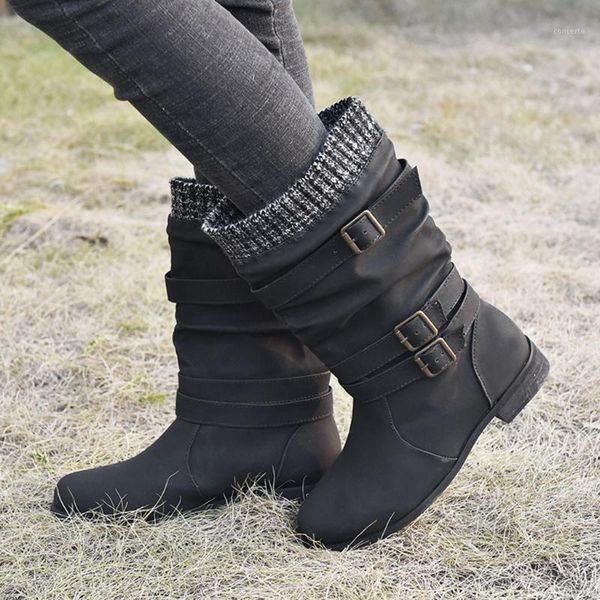 

2020 new women's shoes boots leather flats round toe low-heeled buckle strap western middle tube boots botas dropshipping1, Black