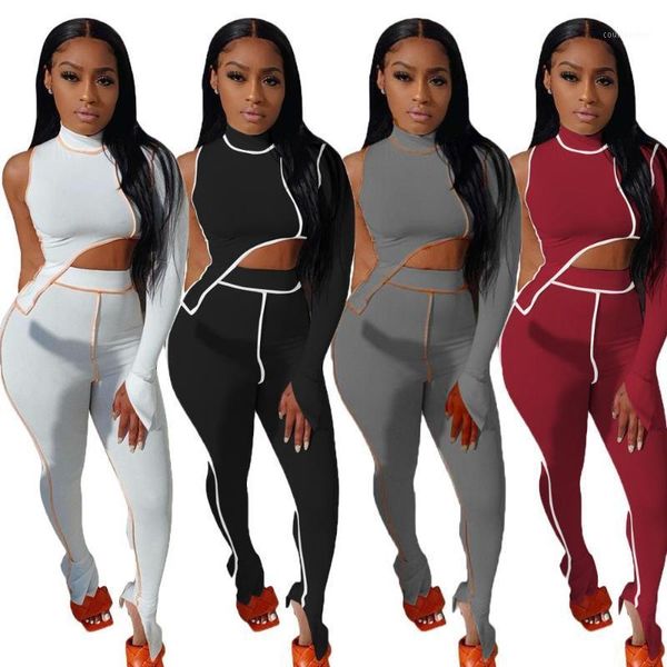 

autumn casual women sets high neck one long sleeve side hollow out asymmetric tees high waist skinny side split pants tracksuits1, Gray