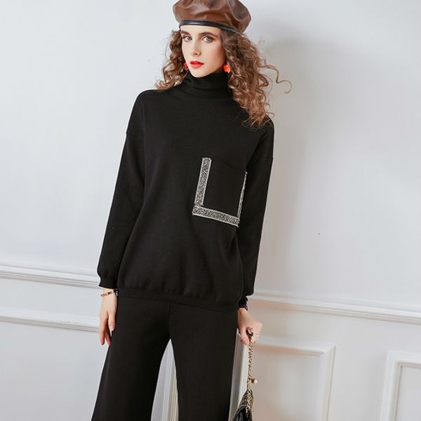 

2021 new women's large-scale assemblies solid neck pocket knitting sweater elastic waistband leg loose ankle-length pants fnvc, Gray