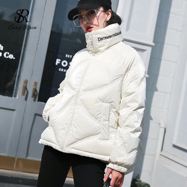 

singrain korean thicken down jacket women loose fashion embroidery letter down coat winter oversized warm white duck coat1, Black
