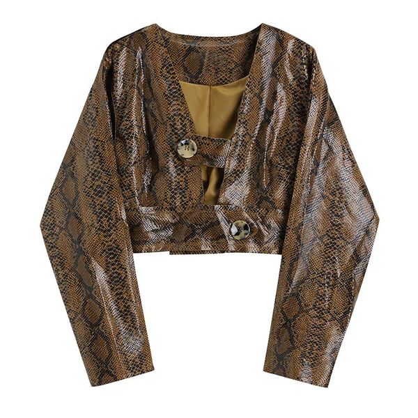 

chic women pu leather jackets python snake jacket coats women fashion animal crop pu mujer chaqueta, Black;brown