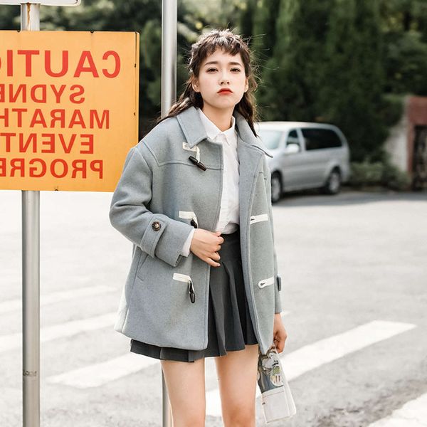 

1new korean version of simple ox horn button woolen coat in autumn and winter 202018uy, Black