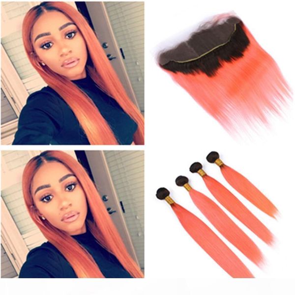 

#1b orange ombre human hair 4 bundles and frontal closure brazilian straight weaves orange ombre virgin hair extensions with lace frontal, Black;brown