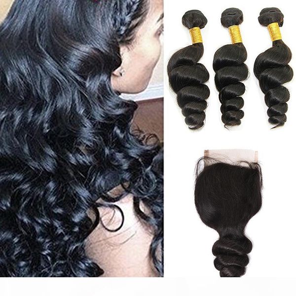 

brazilian loose wave hair weaves 3 bundles with closure middle 3 part double weft human hair extensions dyeable virgin hair weave, Black;brown