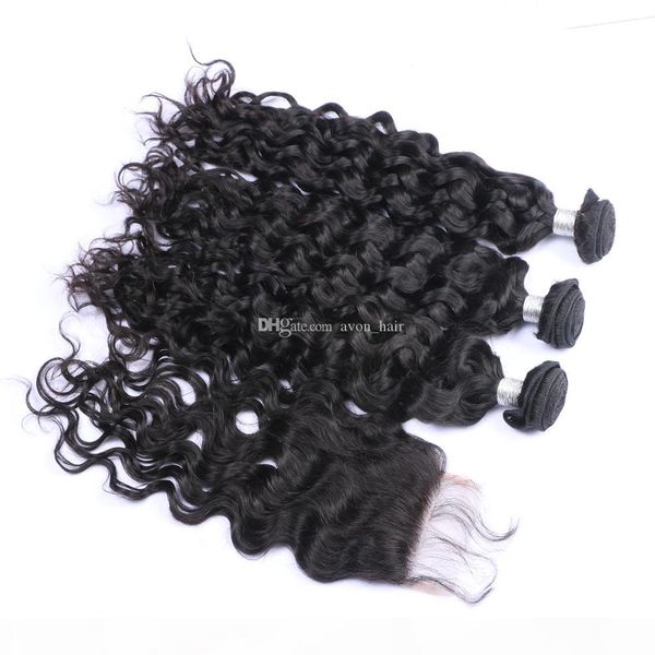 

water wave virgin hair weft with lace closure 4x4 natural color 1b wet wavy human hair 3bundles extensions with closure, Black;brown