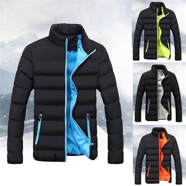 

new men jacket winter jacket men warm solid color slim fit thick bubble coat casual stand-collar cotton jacket outerwear 201225, Black