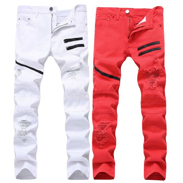 

2020 men's zip casual white red ripped decorative multi-chain inelastic slim straight jeans, Blue
