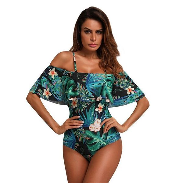 

s-xxl off shoulder bathing suit women flounce one piece women's swimsuit floral woman bodysuit swimwear women's 1 piece badpak y20, White;black