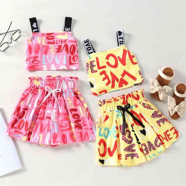 

summer kids baby girls clothing shorts suit graffiti love letter printing sleeveless camisole high waist loose shorts g220217, White