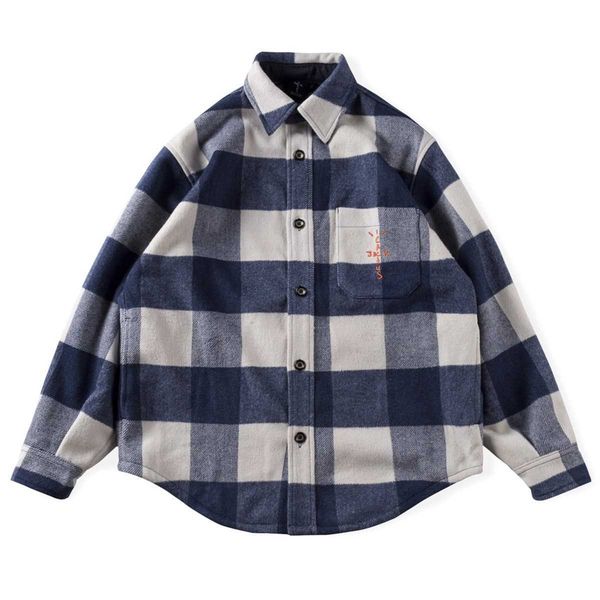 

men's casual shirts high street fashion brand travis scott jack boys men's and women's thickened embroidered tweed plaid shir, White;black