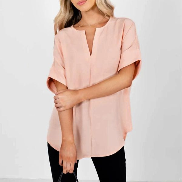 

fashion solid v-neck blouse shirt pure color loose casual summer ladies female women short sleeve tunic shirt blusas, White