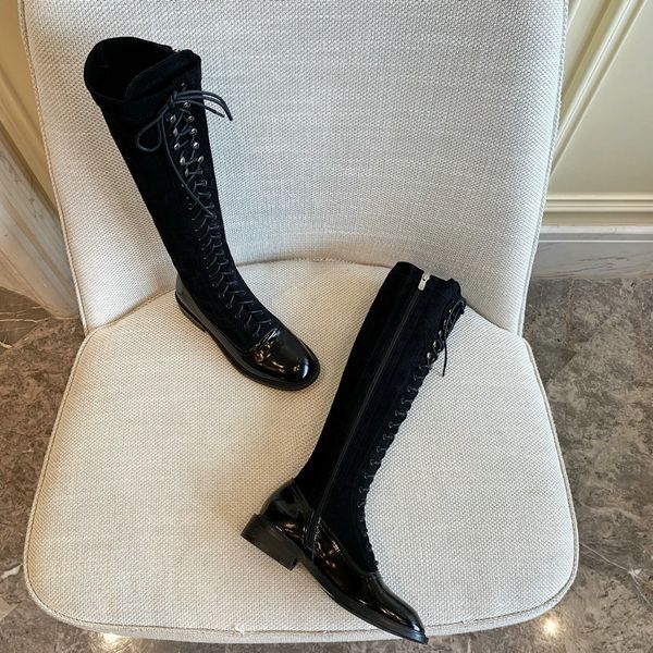 

2021 new patchwork patent leather flock knee high winter shoes square heel lace up zipper women long boots size 34-39 bjq0, Black