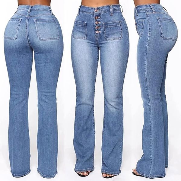 

washed high waist button boot-cut jeans women casual long pants trousers xrq88 201106, Blue