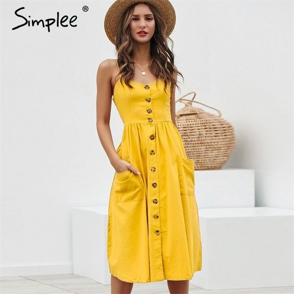 Simplee Abito elegante da donna con bottoni Abito midi in cotone giallo con tasca a pois Abito estivo casual femminile taglie forti Abiti da spiaggia LJ200808