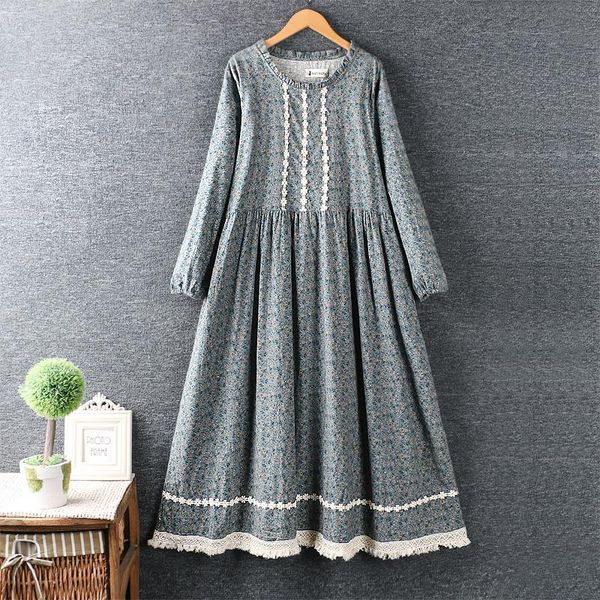

vintage rustic little flowers print lacing ruffled collar long sleeve cotton dress long dress 2020 autumn, Black;gray