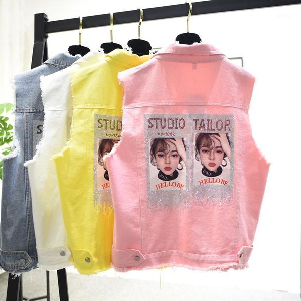 

loose hole denim veste femmes 2019 new korean diamond printed womens sleeveless jacket pink yellow summer vest female waistcoat1, Black;white