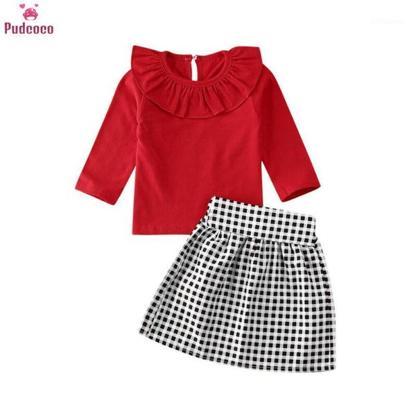 

clothing sets 0-5t 2pcs kids baby girl clothes set ruffles solid long sleeve red loose t-shirt + plaid a-line skirt outfit sets1, White