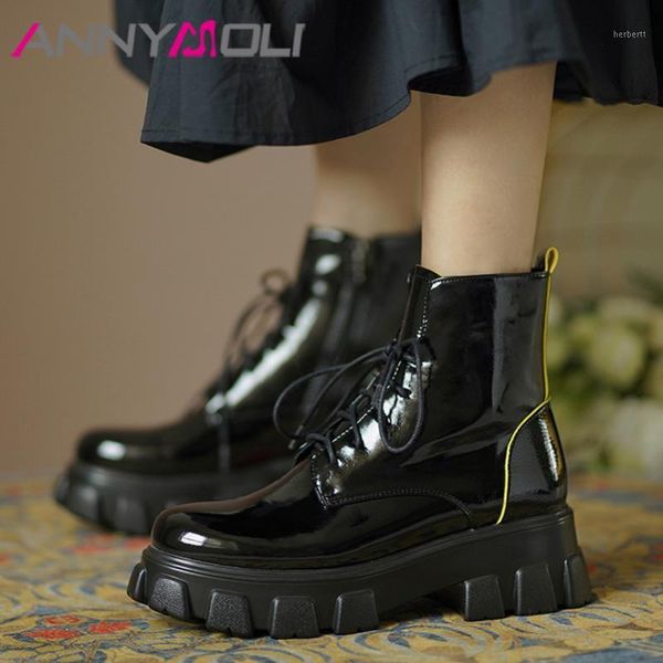 

boots annymoli high heel ankle woman motorcycle zip platform block short lace up round toe ladies shoes size 421, Black