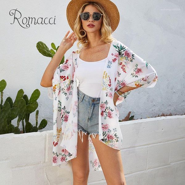 Parei Donna Stampa floreale Kimono Cardigan Aperto davanti Mezze maniche Sciolto Bohemian Holiday Bikini Cover Up Beachwear Casual Beach Wear1