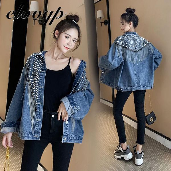 

women's jackets spring denim jacket coat women rivet tassel chain short coats woman loose black long sleeve vintage outerwear, Black;brown