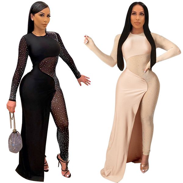 

plus size 3xl women night club wear sheer dress drilling black dresses long sleeve skinny one-piece dress package hip skirt 4451, White