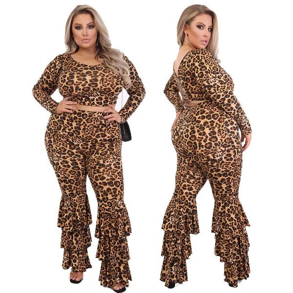 

2020 autumn plus size women leopard printing two piece sets lady v-neck short tees high waist cascading ruffles flared pants set, Gray