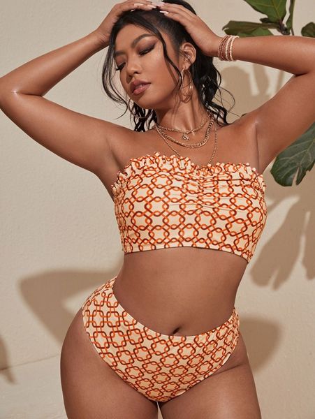 

plus allover print bandeau bikini swimsuit h2ka#, Black