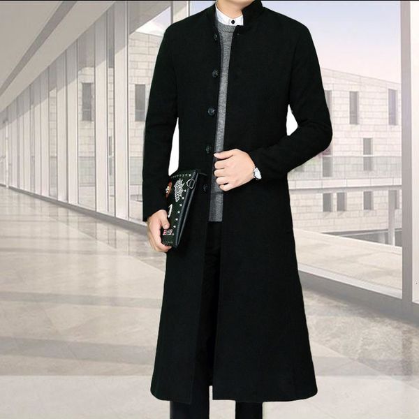 

men's autumn and winter korean version medium length over knee thickened stand collar windbreaker youth long woolen coat, Tan;black