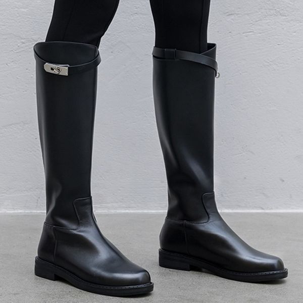 

new women knight boots silver buckle strap genuine leather handmade cow leather brand metal decor boots zipper platform booties, Black