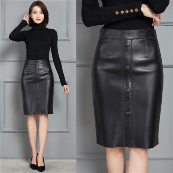 

2021 new fashion genuine real sheep leather skirt k2, Black