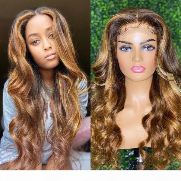 

4 27 highlight 13x6 body wave lace front wig with dark brown root human hair wig pre plucked brazilian ombre human hair wig, Black;brown