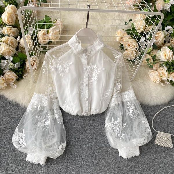 

women french mesh lace blouse stand collar three-dimensional embroidered puff sleeves court style slim shirt female blusa pl6101, White