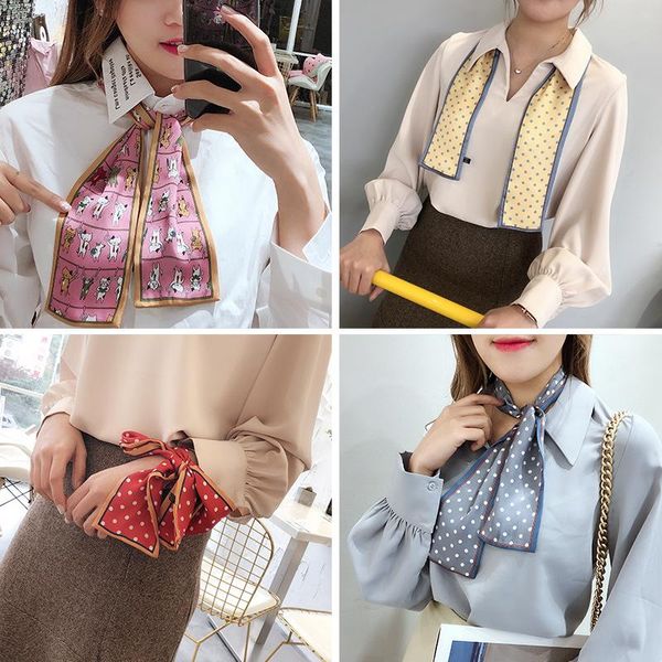 

2020 women scarf small size skinny silk scarfs bags ribbon tie band foualrd neckerchief hair neck scarves, Blue;gray