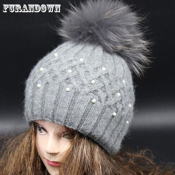 

beanie/skull caps fashion lady skullies beanies winter hat cap with real fur pom ball women wool knitted hats, Blue;gray