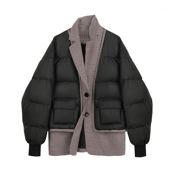 

women's jacket oversize outwear plaid stitching black new lapel long sleeve loose fit jacket fashion tide autumn winter 20211