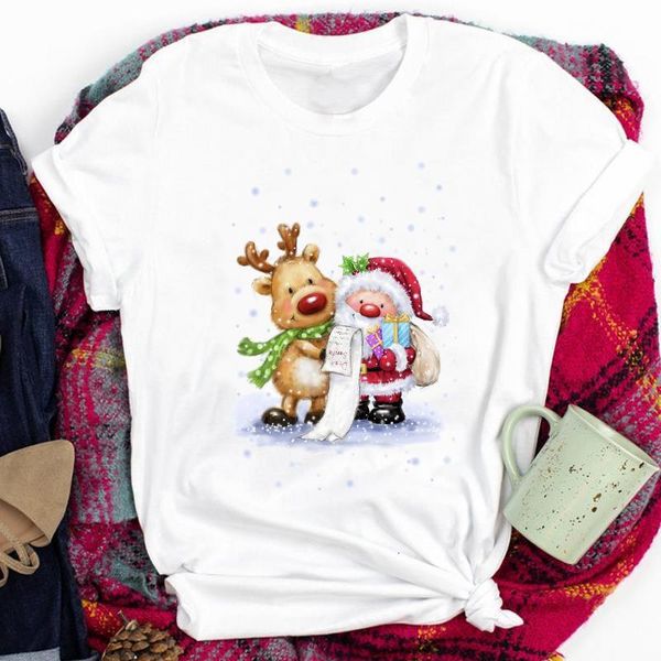 

santa claus deer trend new year 90s tees for women lady merry christmas print tshirt clothes graphic female t t-shirt, White
