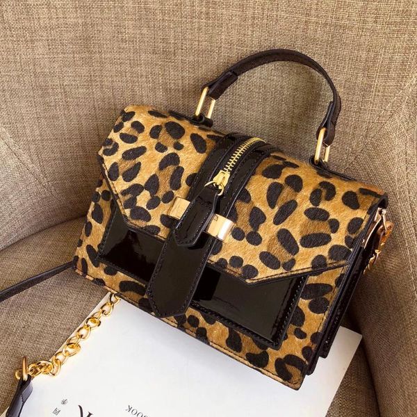 

leopard crossbody bags for women with zipper decoration ladies chain handbags and purses patent leather small shoulder bag