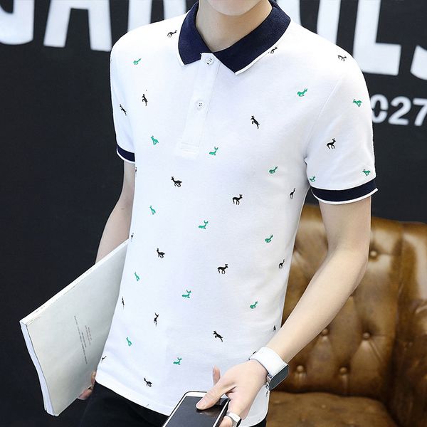 

2020 summer new korean men's short sleeve polo shirt lapel t-shirt fawn print casual men, White;black
