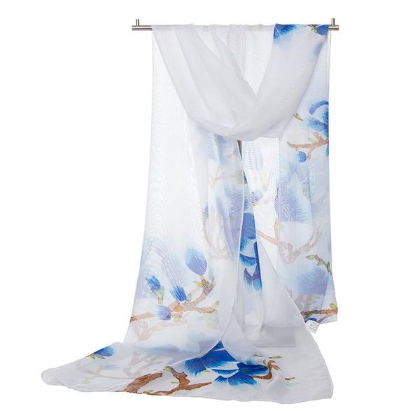 

scarves elegant ladies spring chiffon scarf peach blossom beach towel uv sunscreen silk print wraps foulard hijab stoles n85, Blue;gray