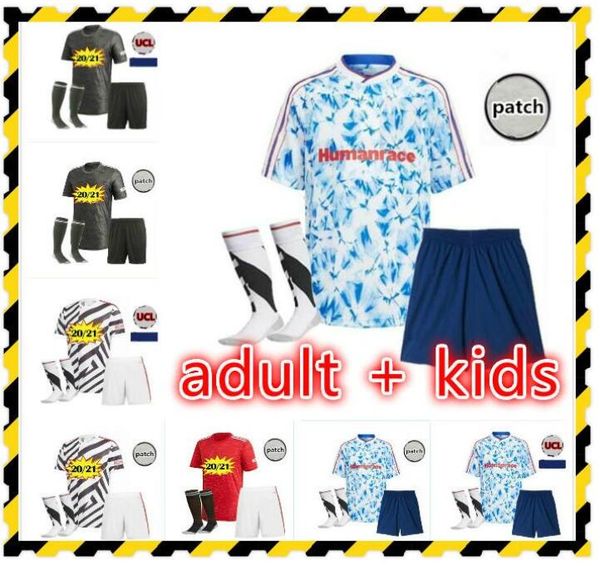 

kids manchester 20 21 utd soccer jerseys united humanrace cavani rashford football shirts 2020 2021 van de beek shirts shorts socks, Black;yellow