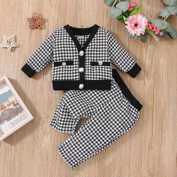 Elegante Menina Bebé Tops Conjunto de Manga Longa Houndstooth Padrão V Pescoço Botões Botões Elásticos Cintura Longa Calças Roupa Kids Roupas G220217