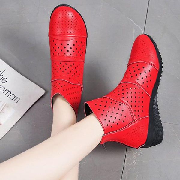 

boots women wedge ankle ladies zipper non-slip breathable pu leather shoes woman round hole fashion casual female sewing, Black