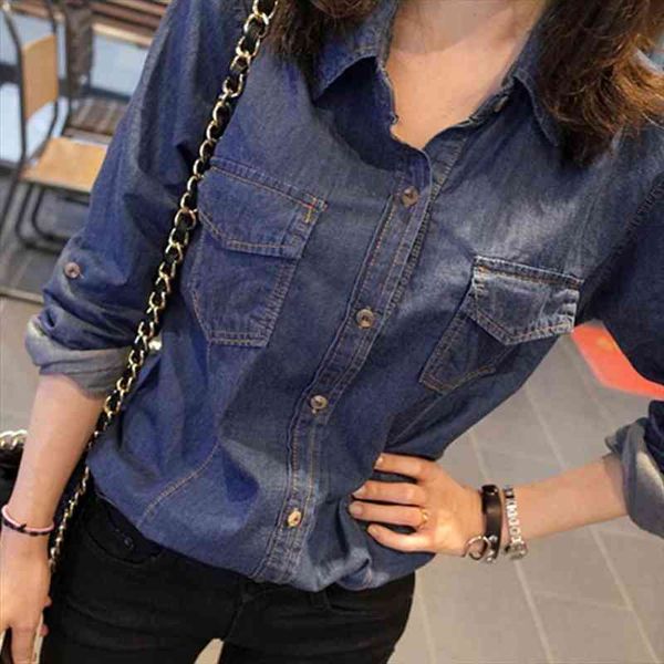

fashion jean blouse casual women denim jacket women turn-down collar long sleeve shirt, White