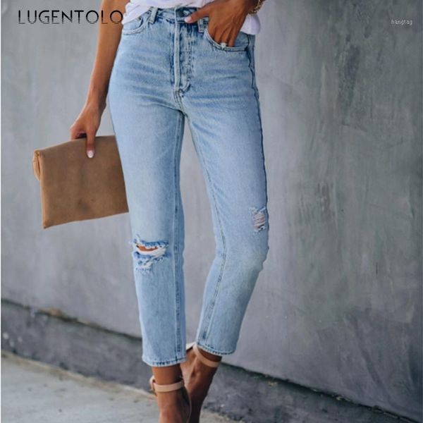 

lugentolo women's jeans hole slimming ripped casual jeans pants female solid light blue fashion street bleached long1