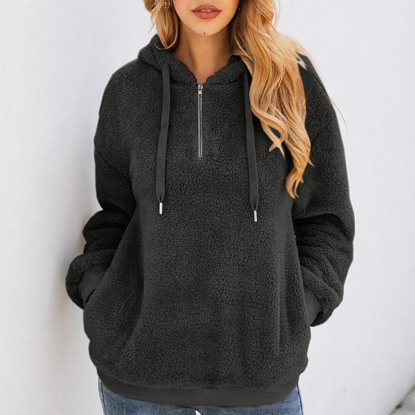 

women wool hoodie jacket loose zip sweatshirt ladies warm soft fluffy knit hoodie pullover winter1, Black