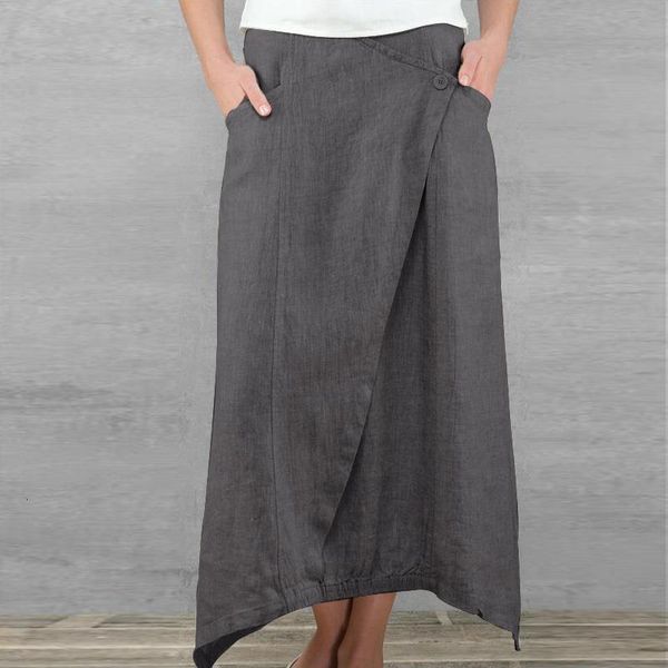 

women linen long skirt elegant maxi irregular hemline summer solid buttons high waist casual skirt a-line, Black