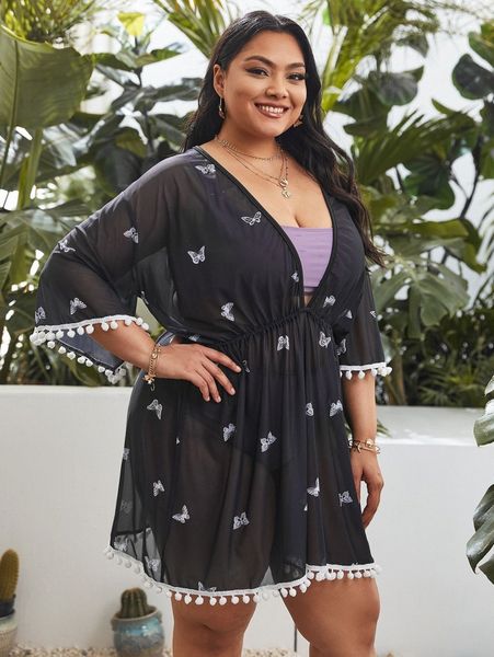 

plus butterfly print pom-pom decor cover up g2rn#, Black